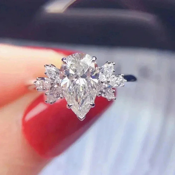 💍Beautiful Water Drop With Leaf Crystal Pure CZ Silver Pear Wedding Ring, K800 - Picture 5 of 7